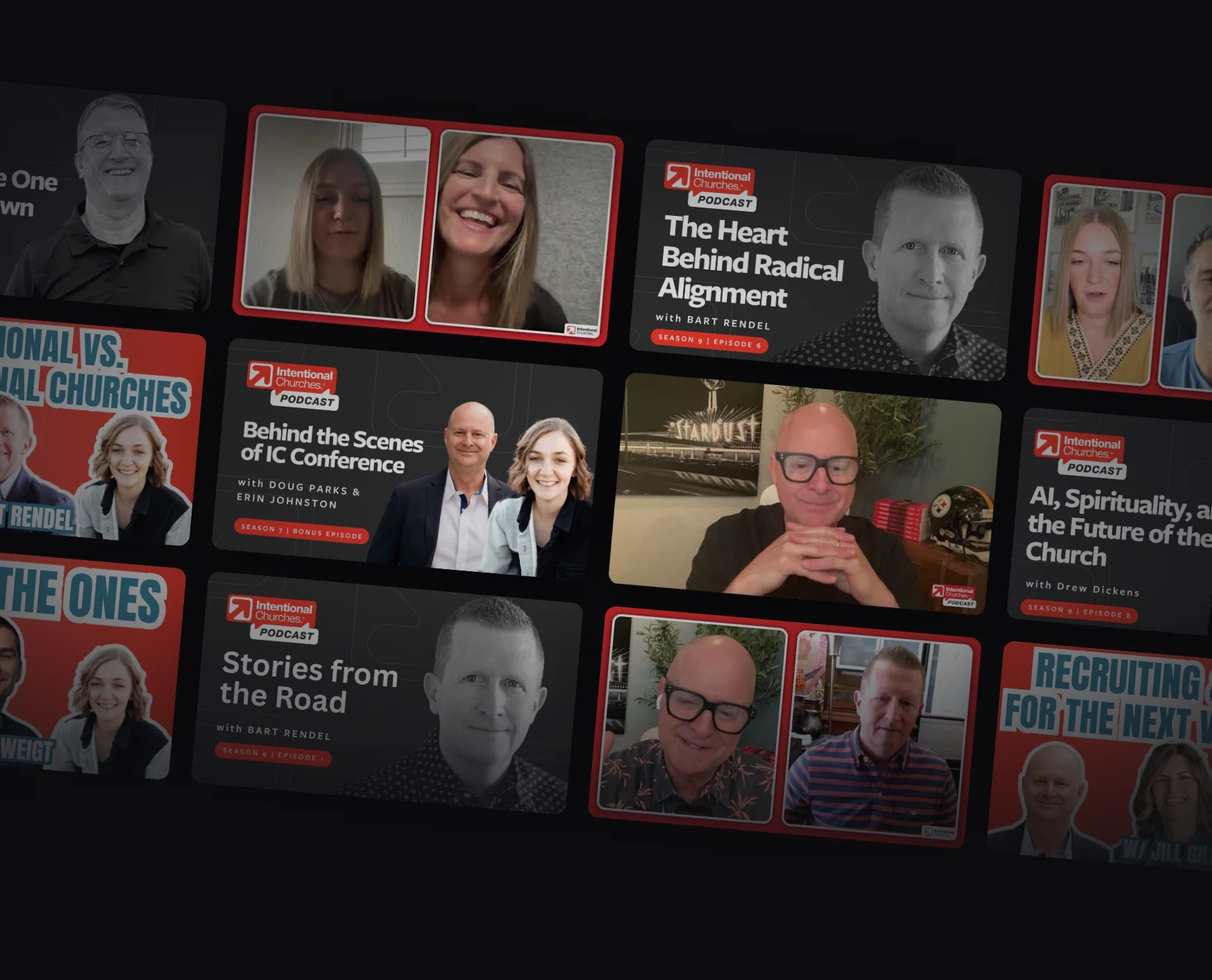 A wall of photos and episode cards from The Executive Pastor Podcast and Intentional Churches